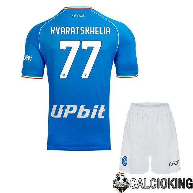 Maglie Calcio SSC Napoli (Khvicha Kvaratskhelia 77) Bambino Prima Blu 2023/2024