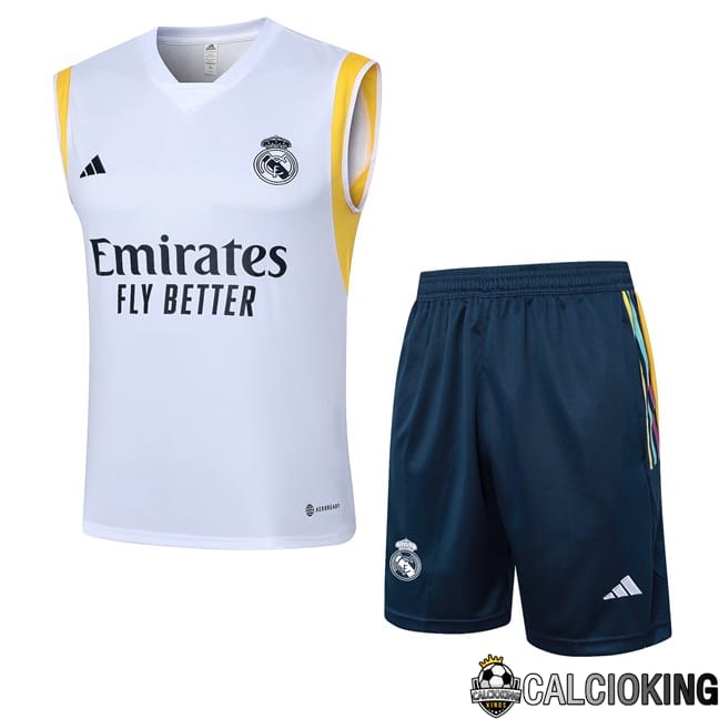 Comprare Maglia Calcio 2024 2025 2026 Personalizzazione,Tuta Da Calcio,Maglie De Calcio Retro Online | Canotta Allenamento Real Madrid + Pantaloncini Bianco 2024/2025