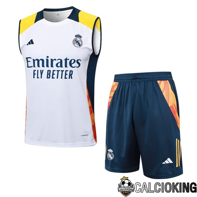 Comprare Maglia Calcio 2024 2025 2026 Personalizzazione,Tuta Da Calcio,Maglie De Calcio Retro Online | Canotta Allenamento Real Madrid + Pantaloncini Bianco 2024/2025