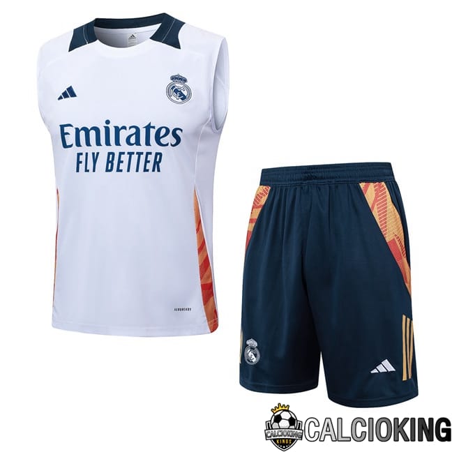 Comprare Maglia Calcio 2024 2025 2026 Personalizzazione,Tuta Da Calcio,Maglie De Calcio Retro Online | Canotta Allenamento Real Madrid + Pantaloncini Bianco 2024/2025