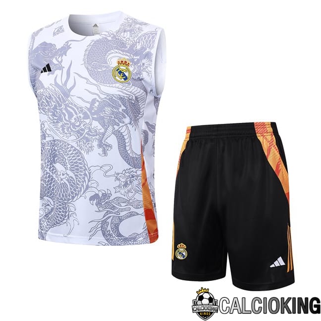 Comprare Maglia Calcio 2024 2025 2026 Personalizzazione,Tuta Da Calcio,Maglie De Calcio Retro Online | Canotta Allenamento Real Madrid + Pantaloncini Bianco 2024/2025