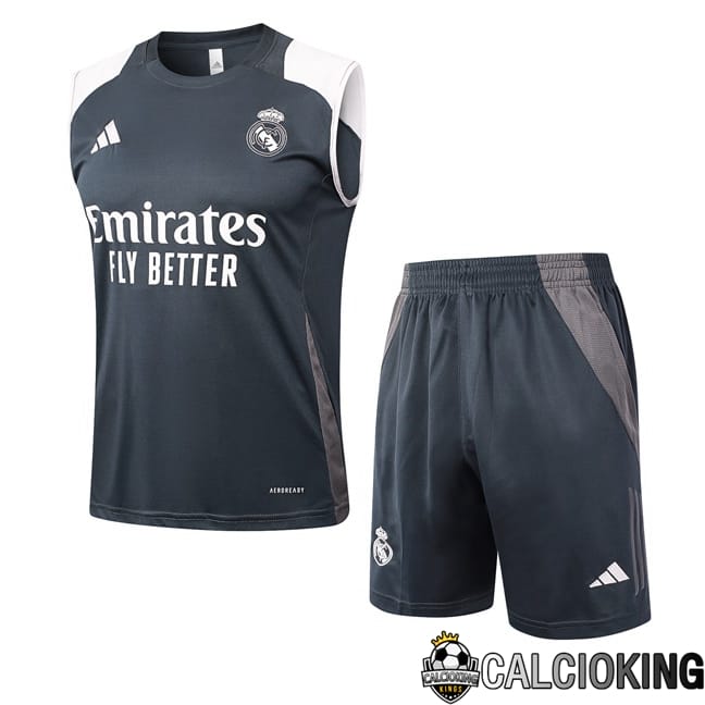 Comprare Maglia Calcio 2024 2025 2026 Personalizzazione,Tuta Da Calcio,Maglie De Calcio Retro Online | Canotta Allenamento Real Madrid + Pantaloncini Grigio 2024/2025