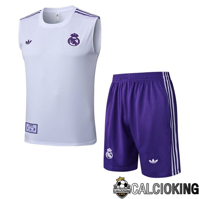 Comprare Maglia Calcio 2024 2025 2026 Personalizzazione,Tuta Da Calcio,Maglie De Calcio Retro Online | Canotta Allenamento Real Madrid + Pantaloncini Bianco 2025/2026