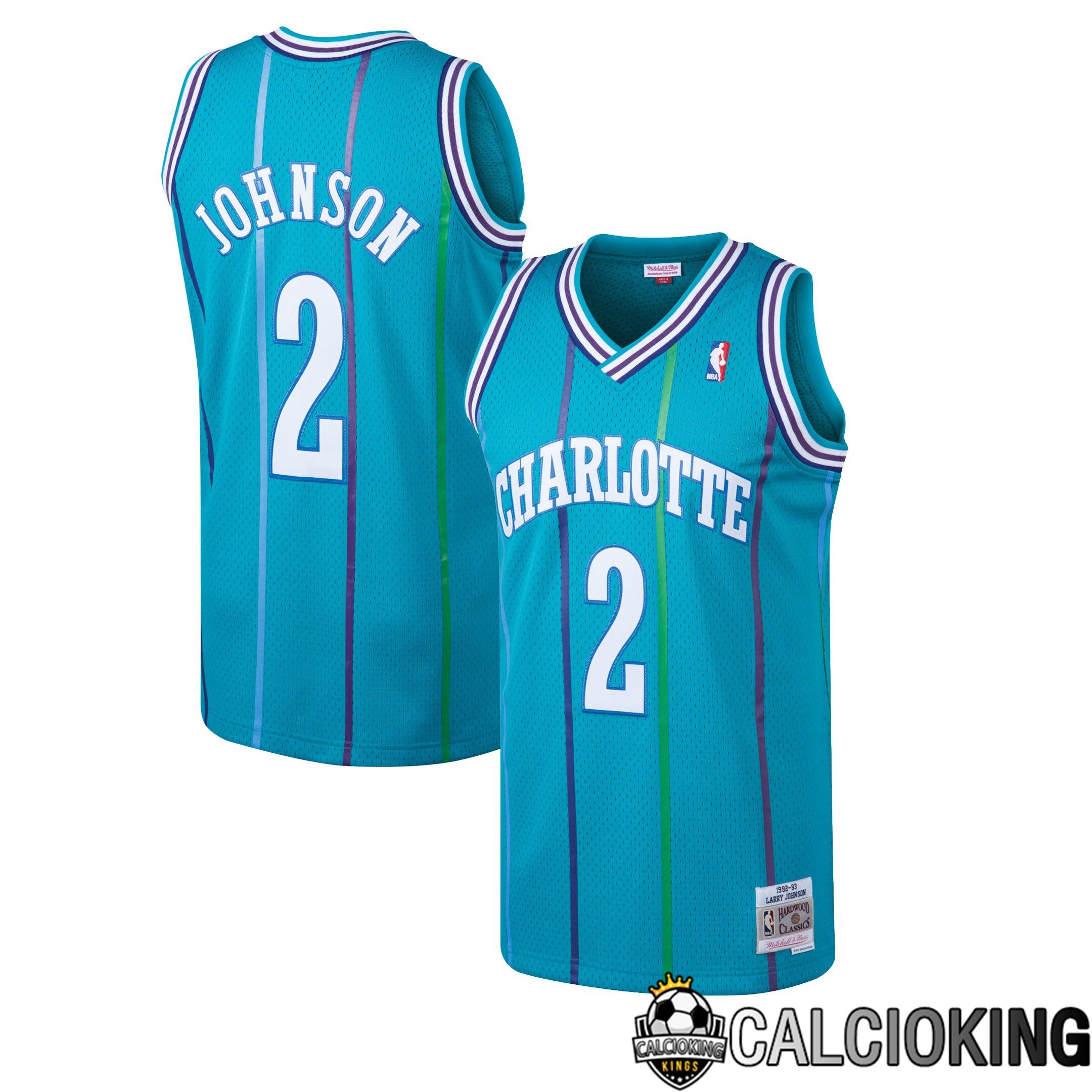 Maglia Mitchell & Ness Larry Johnson Teal Charlotte Hornets 1992/93 Hardwood Classics Swingman Da Uomo