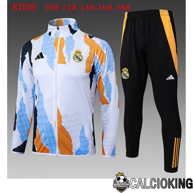 Comprare Maglia Calcio 2024 2025 2026 Personalizzazione,Tuta Da Calcio,Maglie De Calcio Retro Online | Insieme Tuta Calcio - Giacca Real Madrid Bambino Bianco Giallo 2025/2026