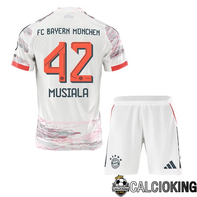 Comprare Maglia Calcio 2024 2025 2026 Personalizzazione,Tuta Da Calcio,Maglie De Calcio Retro Online | Maglie Calcio Bayern Monaco (Musiala 42) Bambino Seconda Bianco 2025/2026
