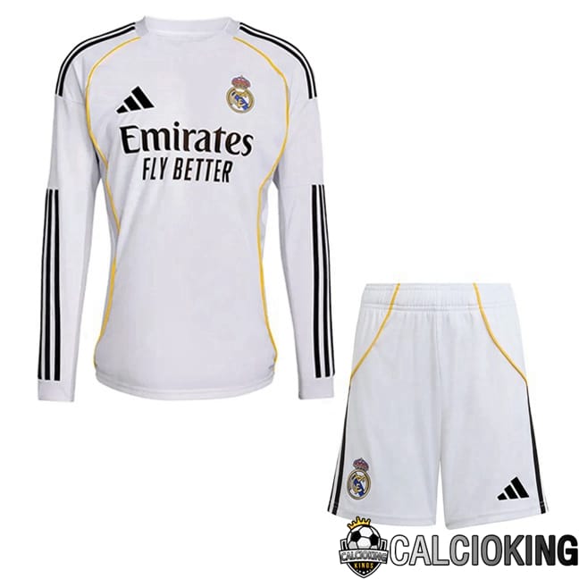 Comprare Maglia Calcio 2024 2025 2026 Personalizzazione,Tuta Da Calcio,Maglie De Calcio Retro Online | Maglie Calcio Real Madrid Bambino Prima Manica Lunga Bianco 2025/2026