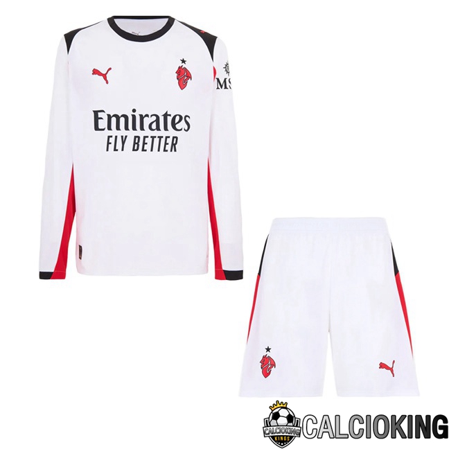 Comprare Maglia Calcio 2024 2025 2026 Personalizzazione,Tuta Da Calcio,Maglie De Calcio Retro Online | Maglie Calcio AC Milan Bambino Seconda Manica Lunga Bianco 2025/2026
