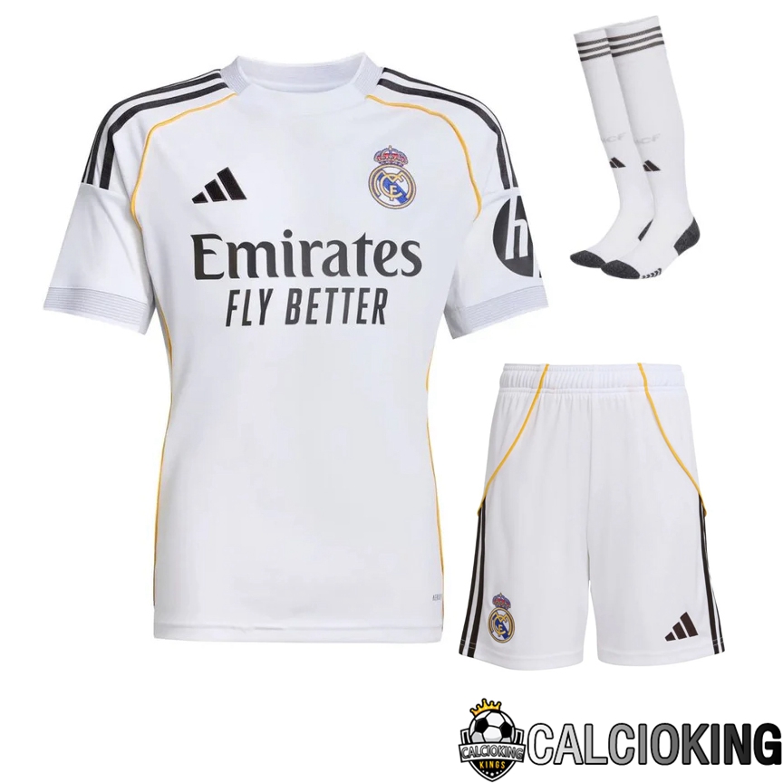 Comprare Maglia Calcio 2024 2025 2026 Personalizzazione,Tuta Da Calcio,Maglie De Calcio Retro Online | Insieme Maglie Calcio Real Madrid Prima (Pantaloncini + Calzini) 2025 2026